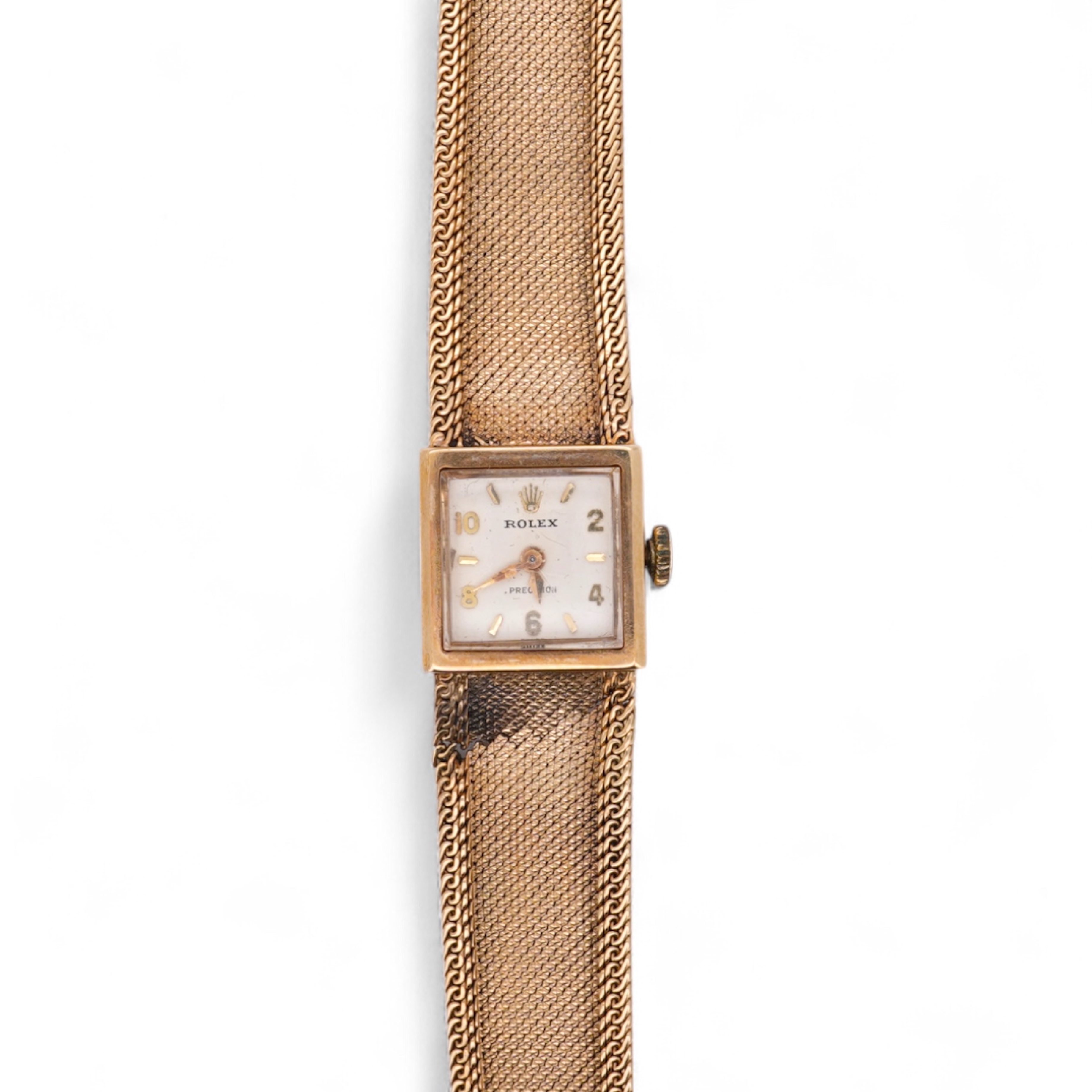 A lady's 1960's 9ct gold Rolex Precision manual wind wrist watch, with square dial, on an integral 9ct gold bracelet, the clasp with Rolex crown, overall length 15cm, gross weight 22 grams (bracelet a.f.)